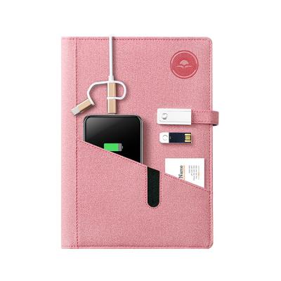 China Custom A5 pink leather hardcover padding notebook with 8000 mAh powerbank and 16G USB flash drive for sale