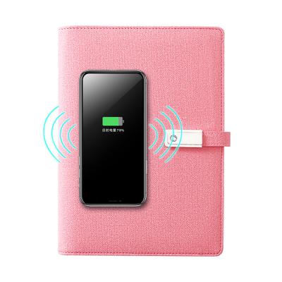 China Hardcover Book A5 Pink Leather Wireless Charging Notebook with 8000mAh Powerbank and 16G USB Flash Drive for sale