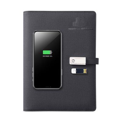 China A5 hardcover notebook black leather wireless charging notebook with 8000 mAh powerbank and 16G USB flash drive for sale