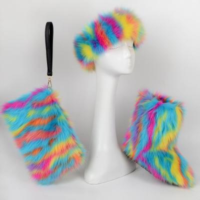 China Anti-Smell Wholesale Colorful Fake And Real Fox Fur Long Tall Fluffy Boots Sets Assortment With Purse Bags Headband For Ladies Women for sale