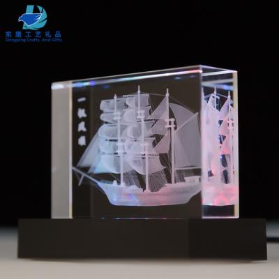 China Europe Laser 3d Paperweight Colorful Crystal Cube With Led Light Base for sale