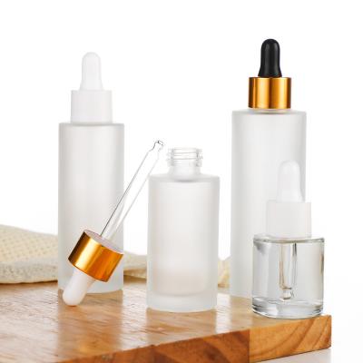 China New Design 20ml 30ml 50ml 80ml 100ml Essential Oil Serum Cosmetic Bottle Flat Shoulder Glass Dropper Bottle for sale