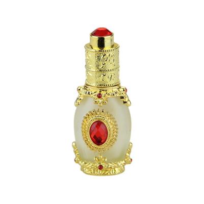 China Personal Care Dubai Gemstone Arabic Luxury Decorative Metal Essential Oil Glass Bottle for sale