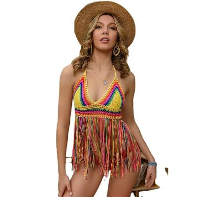 China Plus Size Irregular Tassel Design Swimwear Cotton Crochet Swimwear Dress High Waist Full Coverage Cover Up Women Bikini Dress for sale