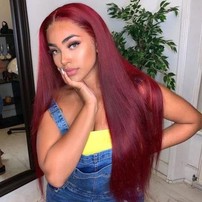 China Pure Colored Transparent Wig 99J Burgundy Red Remy Brazilian Front Wigs 180% Density HD Silky Straight Hair Lace Front Wig for sale