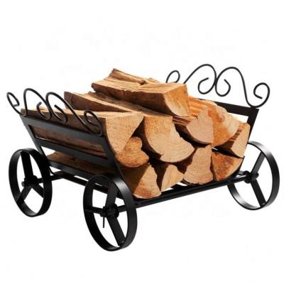 China Easy Assemble Fireplace Log Rack Decorative Wheels Fire Heavy Duty Wood Carriers Firewood Rack Rack For Indoor/Outdoor Fire Place Black for sale