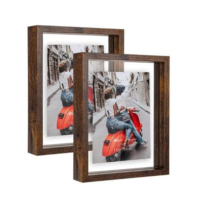 China Custom Unique Design Morden MDF Glass Double Side 2 Floating Photo Frame Rustic Wooden Photo Frame Set for sale