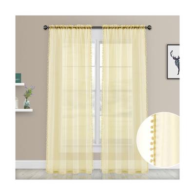 China Wholesale Ready Made Pom Pom Tasseled Sheer Living Room Blackout Rod Pocket Curtain for Hotel Blackout Living Room Bedroom Balcony NC; ZHE for sale