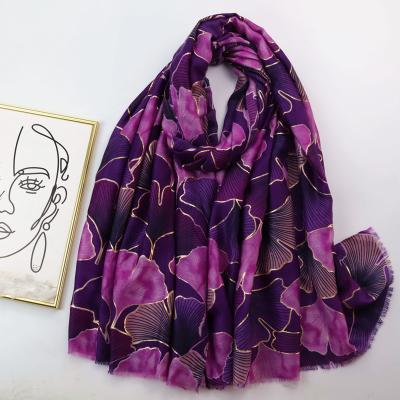 China Hot Sale Fashion Lady Scarves Shawls Trendy Design Luxury Scarf Multi Ginkgo Tree Hijabs Printing Long Silk Felling Scarves With Tassel for sale