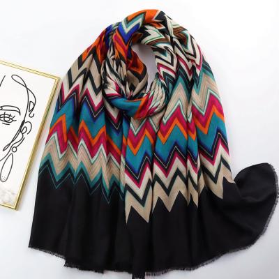 China Multi Line Print Design Luxury Scarf Fashion Tops Lady Scarves Trendy Hijabs Cutting Silk Slaughtering Long Scarfs for sale