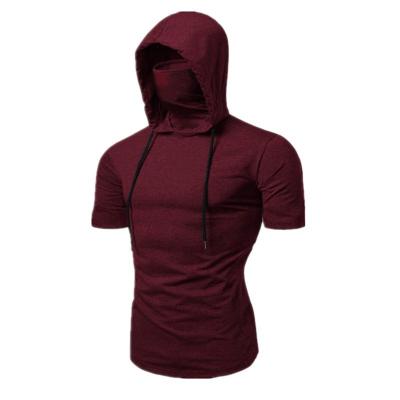 China Custom Wholesale Mens Sports Anti-Wrinkle Tops With Mask Lace Up Solid Color Hooded T-Shirt for sale