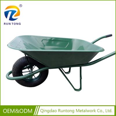 China Durable One Metal Wheelbarrow Eco-friendly Green Square Wheels Modern Metal Powder Coated Wheelbarrow for sale