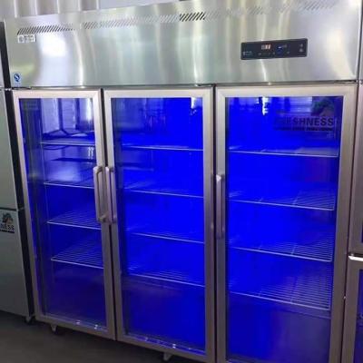 China European Style 3 Single-temperature Glass Doors Stainless Steel Refrigerator Upright Refrigerator With Blue Lighting for sale