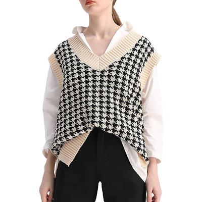 China 2022 spring autumn fashion anti-pilling loose style female girl knitted plaid sweater vest vest for sale