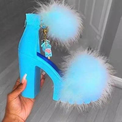 China Sexy Open Toe Sandals Ladies Furry Fur Summer High-Heeled New Trend 2021 Fashion Women Sandals Wedding Stripper Shoes for sale