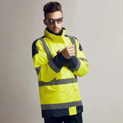 China High Visibility Winter Heated Yellow Fluorescent European Style High Safety PVC Raincoat Visibility Pocket Men Reflective Jacket Te koop