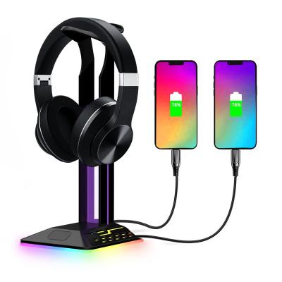 China ABS BKB RGB Earphone Stand with USB Hub Desktop Gaming Headset Stand Hanger Holder with 2 USB2.0 Extension Supplement Charging Left Cord for sale