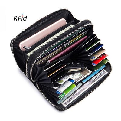 China Large Capacity RFID Sheepskin RFID Credit Card Case Multi Layer Clutch Zipper Pocket Luxury Woven Genuine Leather Wallet For Men for sale