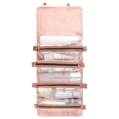 China Custom Fashion Ladies Wash Purse Travel Storage Toiletries Bag Polyester 4 in 1 Foldable Detachable Mesh Cosmetics Women Makeup Bag Set for sale