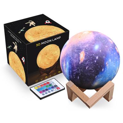 China Moon Lamp Kids Night Light Galaxy Lamp 5.9 Inch 16 Colors 3D LED Star Remote Control Touch And Moon Light With Wooden Stand, Remote And Touch Control for sale