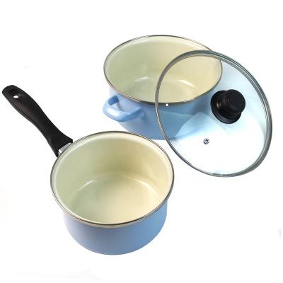 China Carbon Steel Enamel Cookware Set Sustainable Blue Enamel Milk Pot Casserole And Saucepan for sale