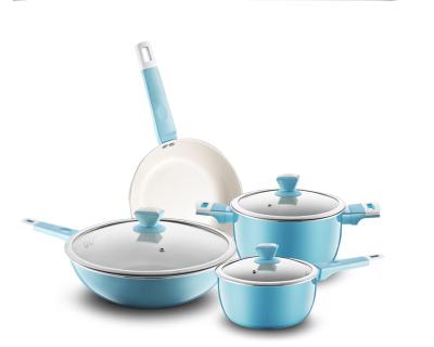 China Sustainable 7 Pcs Aluminum Pressed Pots And Pans Set Ceramic Nonstick Dishwasher Safe for sale