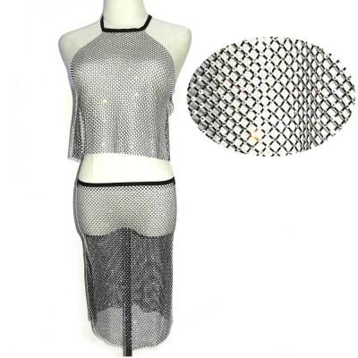 China C056 Women's Diamond Mesh Tank Top Hollow Out Breathable Elastic See Rhinestone Crop Tops And Diamond Mini Skirts for sale