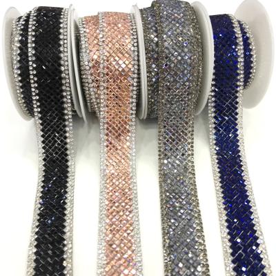 China Wholesale 2.5cm width flatback tr077 colorful hotfix applique crystal rhinestone trim trimming iron on for sale