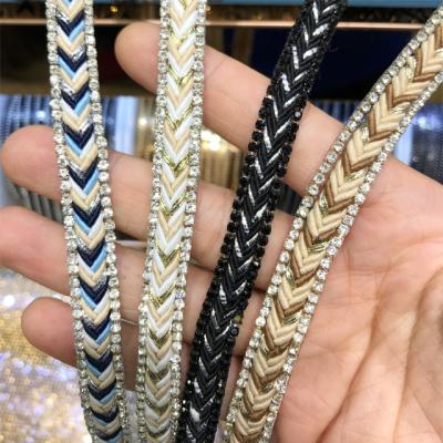 China Tr060 Flatback Ribbon Rhinestone Wholesale Braided Band Iron On Rhinestone Trim For Shoe for sale