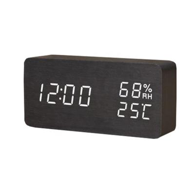 China Class Alarm Clock Temperature Humidity LED Digital Thermometer Time Clock Wooden Sound Clock for sale