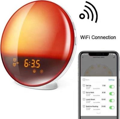 China Radio Wifi Sunrise Alarm Clock Wake Up Light With Colorful Night Light Sunrise Sunset Lamp Bedside FM Radio Clock for sale