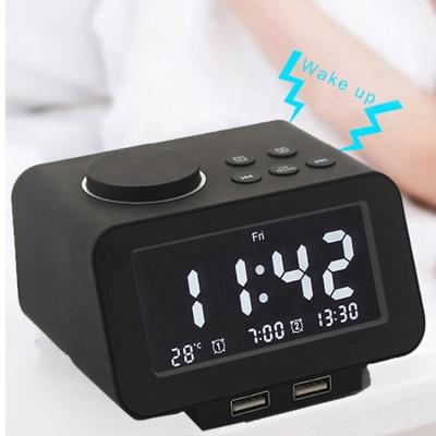 China Creative Calendars Radio Alarm Clock Speaker Digital Desk Clock LED Display with Dual USB Interface Support Auto Search Broadcasting for sale