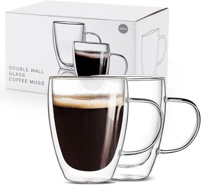 China Sustainable Borosilicate Wall Coffee Mugs Double Wall Coffee Mugs Hand Made Heat Resistant Glass Clear Coffee Mug Set With Handle for sale