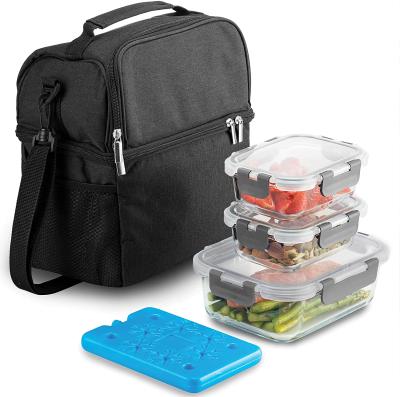 China Heat Resistant 8-Piece Insulated Lunch Box Set - Insulated Black Lunch Bag For Women Men - 6 Pc Glass Food Container Set for sale