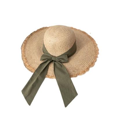 China Picture Summer Ladies Raffia Straw Hat Bow Patch Ribbon Hat Women Beach Travel Sun Hat for sale