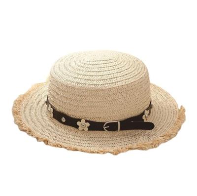 China Summer Striped Women Casual Tassel Straw Hat With Flower Ribbon Vacation Beach Sun Hat Visor Hats for sale