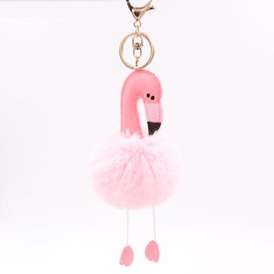 China Car Charms Pink Bunny Key Chain For Woman Leather Chain Flamingo Rabbit Fur Fashion FauxRrabbit Flamingo Pink Key Chain for sale