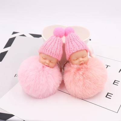 China New Fashion Design Cute Faux Rabbit Fur Doll Key Chain For Cute Bag Wallet Key Rex Rabbit Hair Faux Sleeping Baby Ball Key Chain for sale