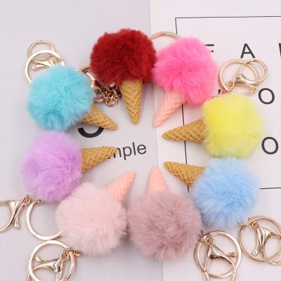 China New Fashion Style Faux Rabbit Fur Lovely Fluffy Fox Fur Ball Key Chain Women Bag Soft Car Ice Cream Tube Key Chains for sale