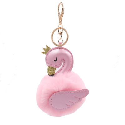 China Faux Rabbit Fur Flamingo Swan Flamingo Fur Ball Women Car Bag Pompom Key Chain Key Ring Plush Animal Fur Pom Pom Key Chains for sale