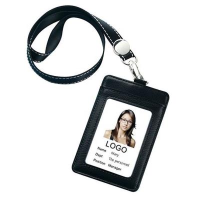 China Snap open and close with large capacity to hold over 20 cards. Card Holder Neck Student ID Card Holder Lanyard Badge Leather Genuine Leather ID Card Holder for sale