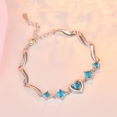 China 2021 New Fashion Environmentally Friendly Heart-shaped Zircon Female Blue Crystal Wholesale Bracelet Jewelry Spells for sale