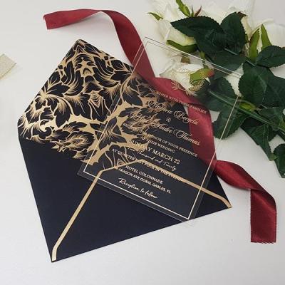 China Custom Printed Europe Clear Acrylic Invitations Gold Foil Wedding Invitation Card With Luxury Design Black Envelope for sale