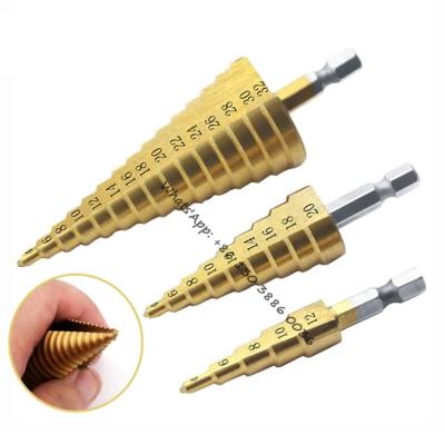 China Hss Titanium Wood Coated Metal Wood Drilling Machinery Tools Accessories Spline Cone Hexagon Shank Step Straight Drill Bit For Punch for sale