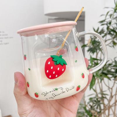 China Viable Cartoon Strawberry Zogift Travel Coffee Clear Glass Milk Big Mugs Office Korean Flower Tea Water Cup With Lid And Spoon for sale