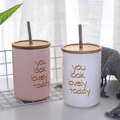 China Nordic Creative Viable Ceramic Mugwith Juice Water Straw Office Style Zogift Straw Coffee Mug Wooden Lid Alphabet for sale