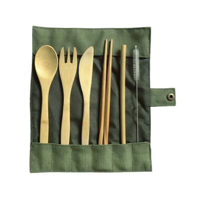 China Eco Friendly Disposable Wooden Cutlery Biodegradable Bamboo Travel Cutlery Set With Linen Bag for sale