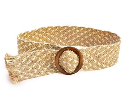 China PP Jute Hemp Braided Fabric Belt 108cm Wooden Buckle Belt for sale