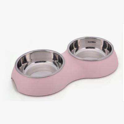 China Viable For Dog Cat Puppies Stable Plastic Dual Dishes Stainless Steel Food Water Dismountable Pet Feeder Bowl for sale