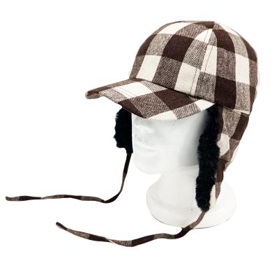 China 2022 COMMON Adult Earflap Hat With Hat Brown Checked Warm Winter Hat With Fur Lined Knitted Trooper Hat for sale